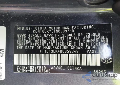 2011 Toyota Camry Le из США, поврежденный, VIN 4T1BF3EK4BU658348